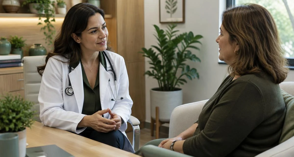 Médica conversando com paciente de cerca de 50 anos em consultório claro